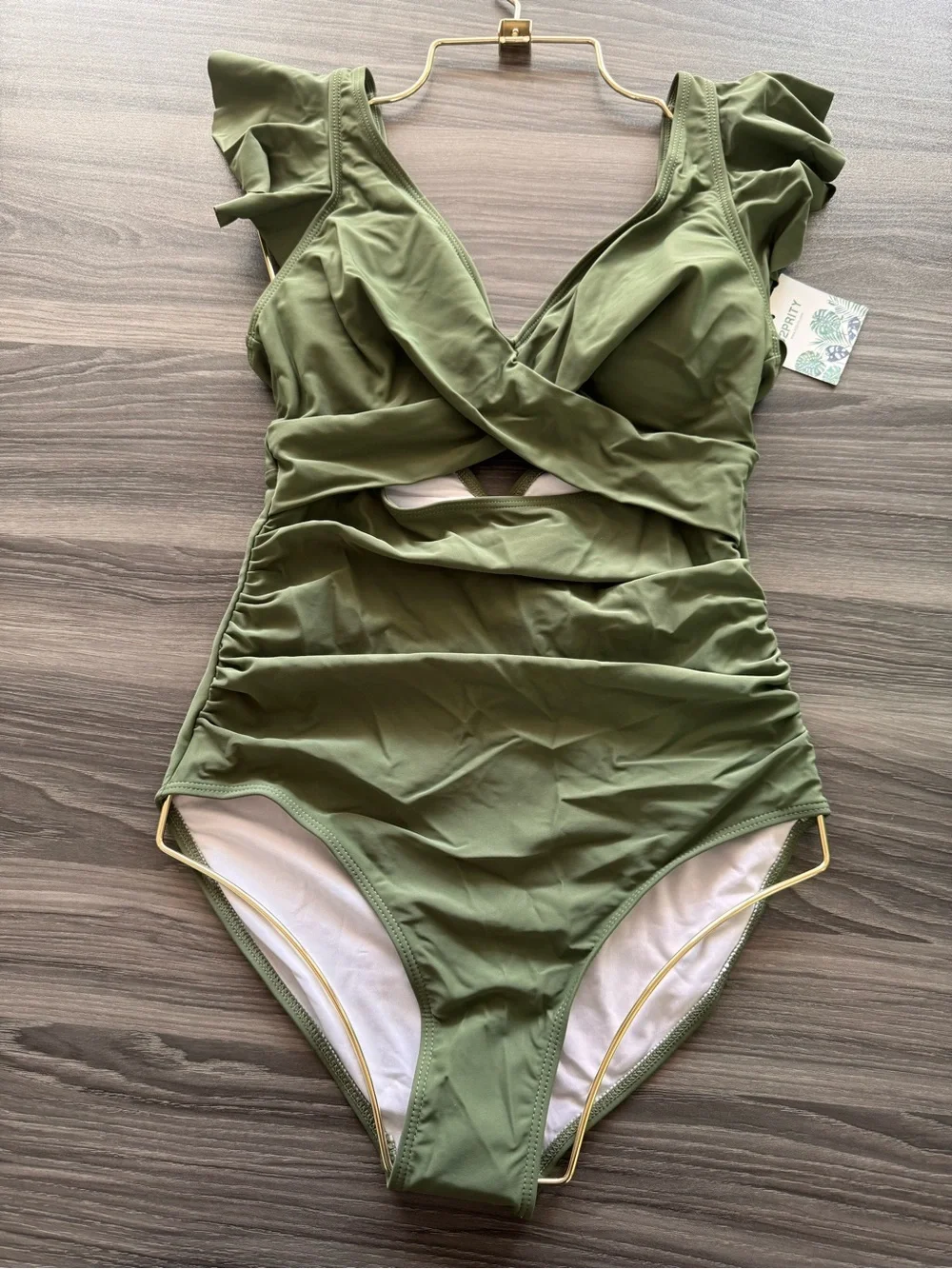 Women’s Olive Green Ruffle-Shoulder One-Piece Swimsuit by